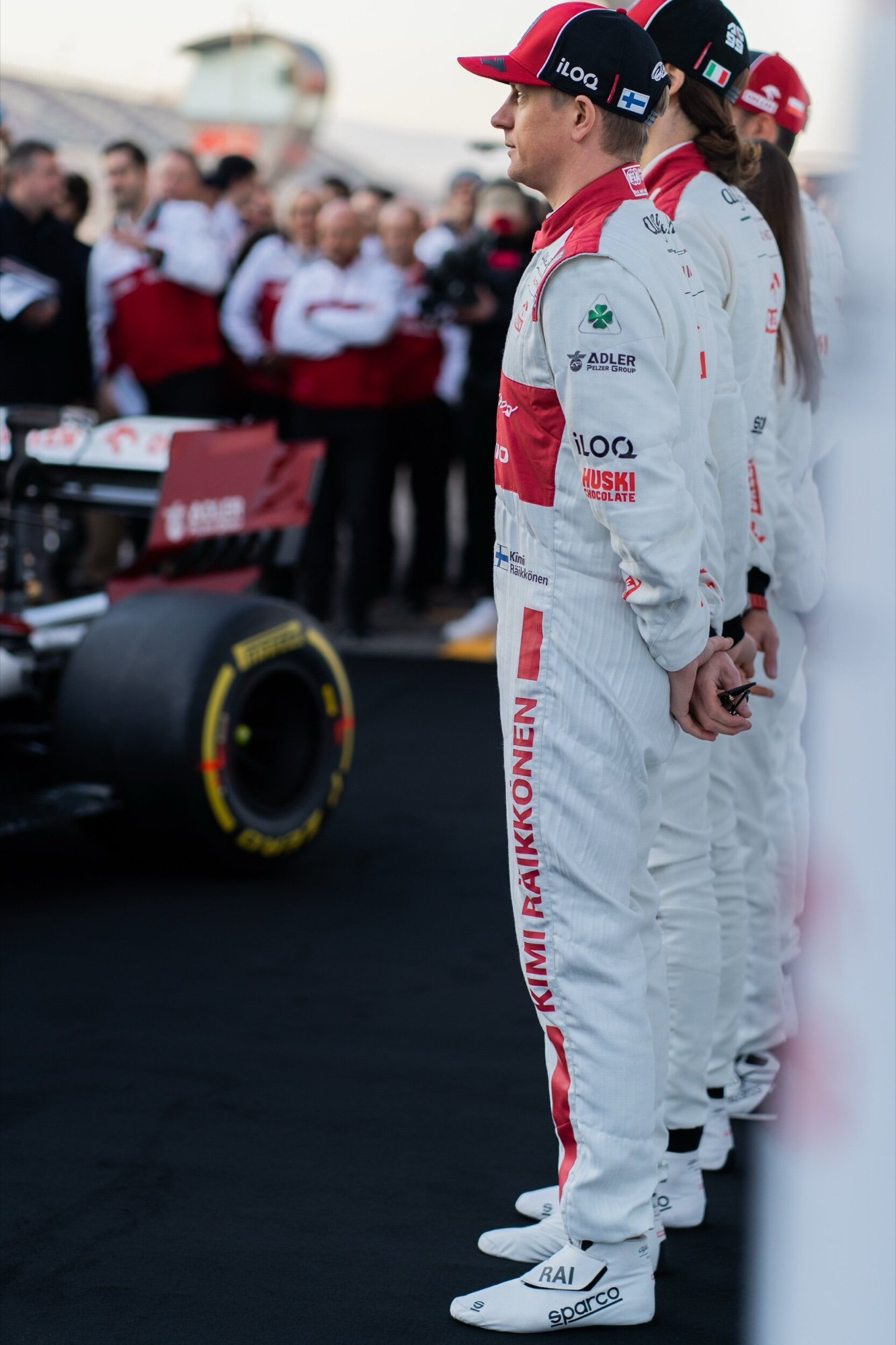 Kimi R&auml;ikk&ouml;nen in his Alfa Romeo Racing race suit in the pit lane at Formula 1 pre-season testing, Barcelona 2020