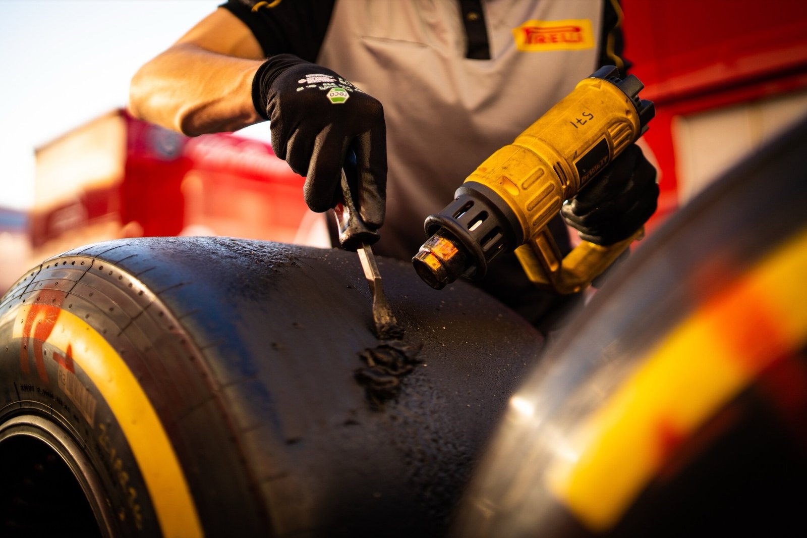 Close-up of a wheel gun fitted to a slick tyre during pit stop practice, Formula 1 pre-season testing, Barcelona 2020