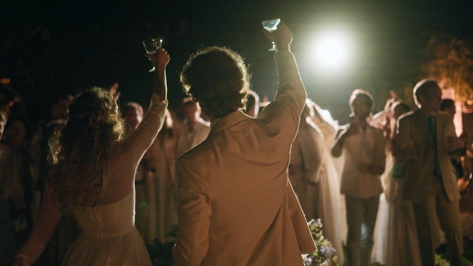 Guests raising glasses in a toast at night, seen from behind